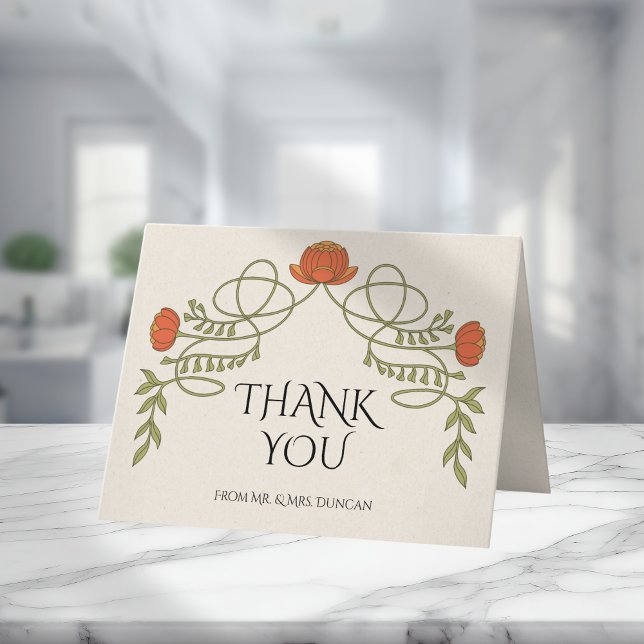 Art Nouveau Sunset Orange Orange Flower Wedding  Thank You Card (Creator Uploaded)