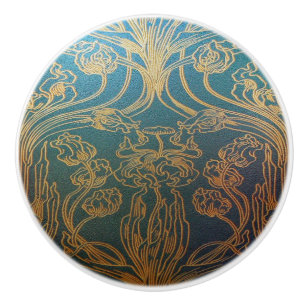 Art Nouveau,teal and gold, teal,gold,floral,chic,e Ceramic Knob