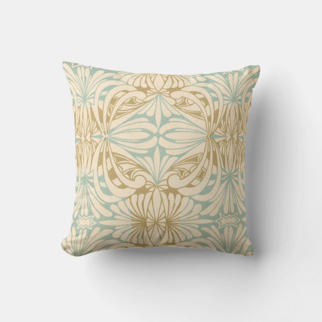 Art Nouveau Teal Cream Tan Floral Throw Pillow (Front)