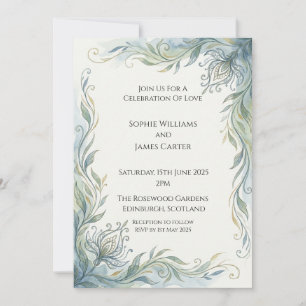 Art Nouveau Teal Gold Botanical Vine Wedding Invitation