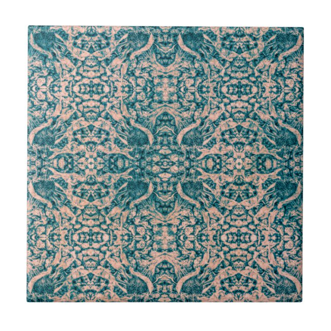 Art Nouveau Teal Green Beige Mirror Art Pattern  Tile (Front)