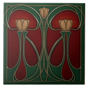 Art Nouveau Teal Tulip Tapestry Ceramic Tile