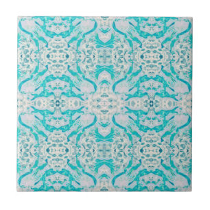 Art Nouveau Teal White Decorative Mirrored Pattern Tile