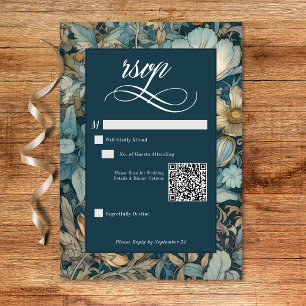 Art Nouveau Teal William Morris Floral Wedding RSVP Card