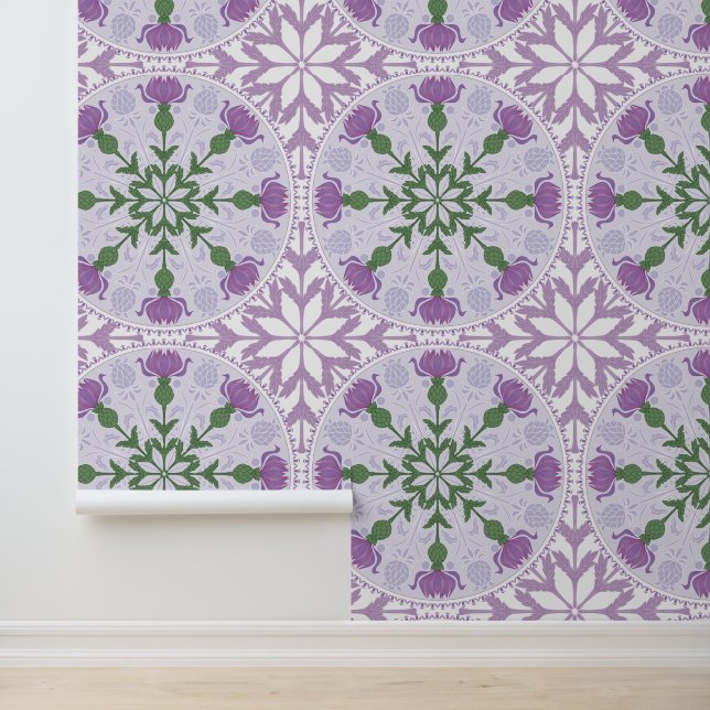 Art Nouveau Thistle Pattern in Purple and Green Wallpaper (Application)
