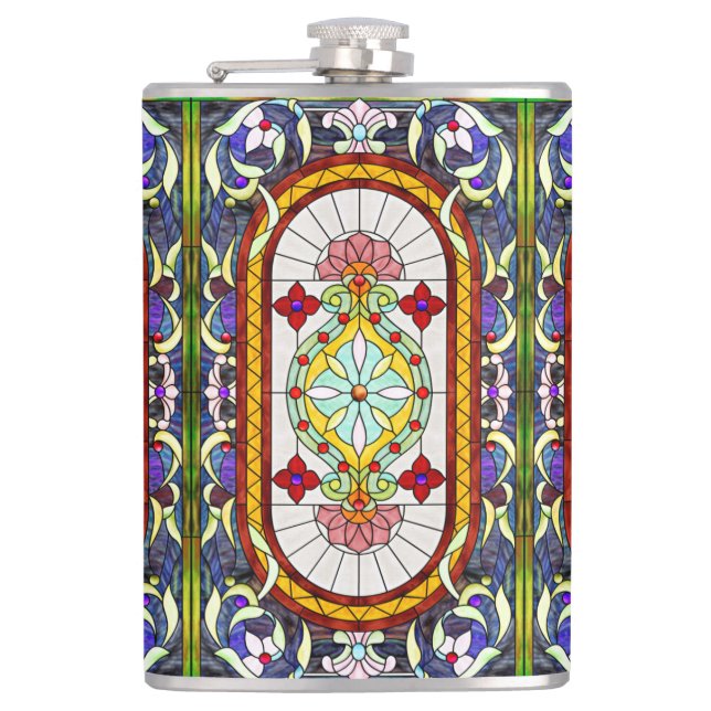 Art Nouveau Tiffany Stained Glass Window Pattern Hip Flask (Front)