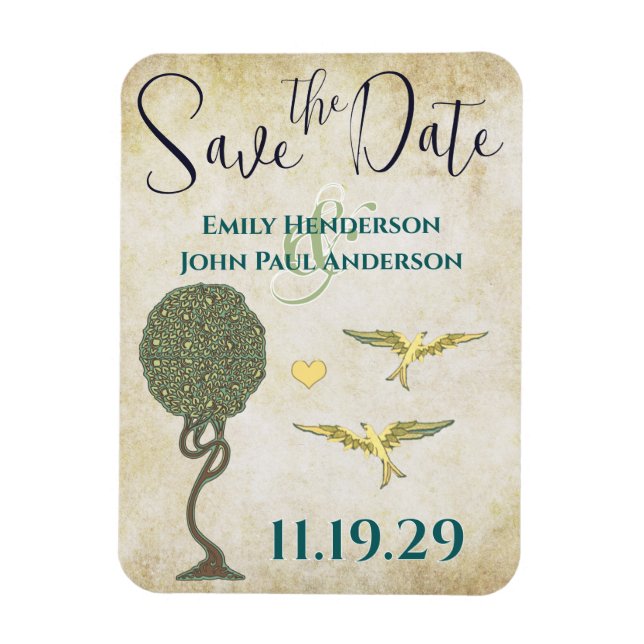 Art Nouveau Tree Birds Wood Grain Save the Date Magnet (Vertical)