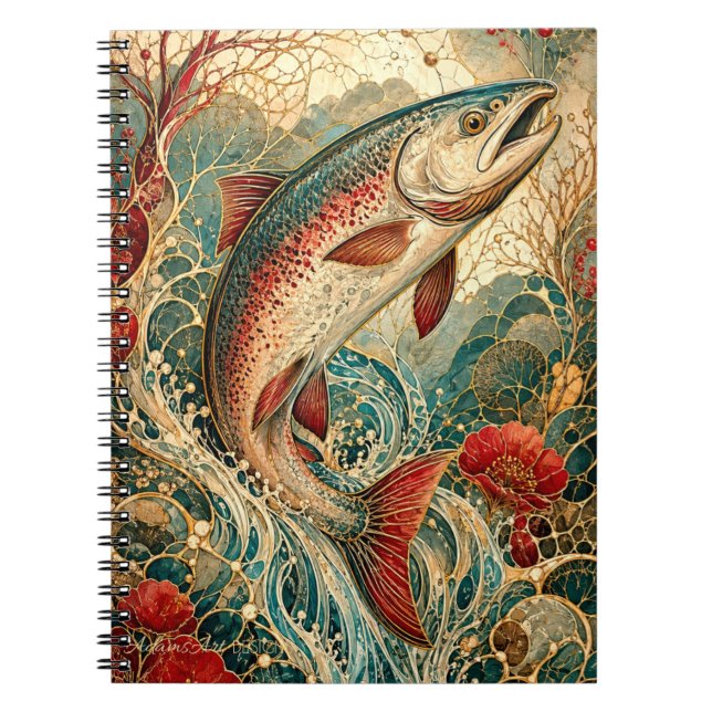 Art Nouveau Trout Splash Floral Notebook (Front)