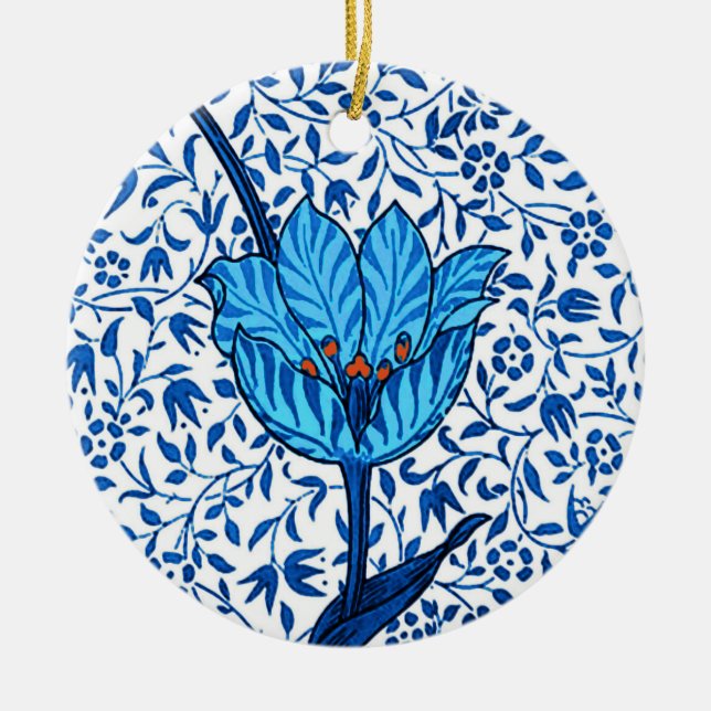 Art Nouveau Tulip Damask, Cobalt Blue Ceramic Tree Decoration (Front)