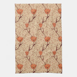 Art Nouveau Tulip Damask, Coral and Beige Tea Towel