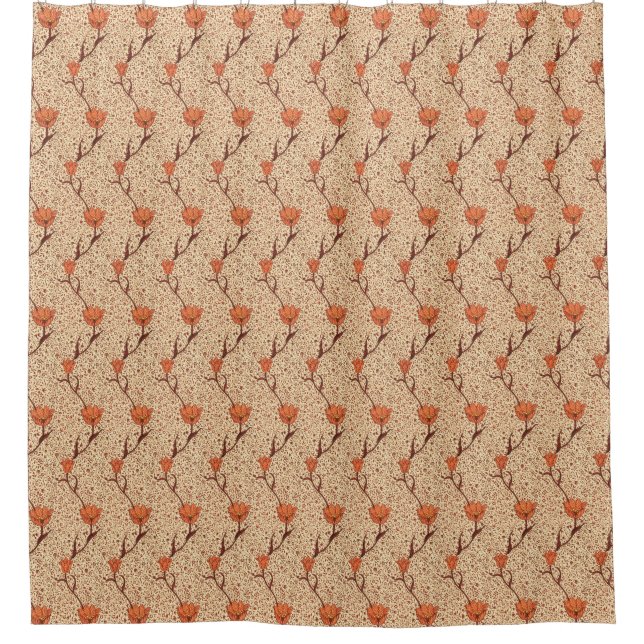 Art Nouveau Tulip Damask, Coral Orange and Beige Shower Curtain (Front)