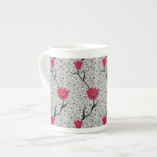 Art Nouveau Tulip Damask, Grey and Red Bone China Mug