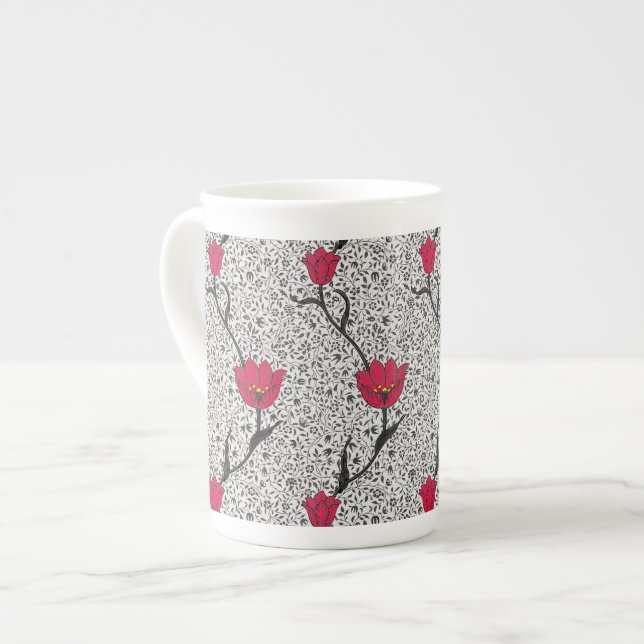 Art Nouveau Tulip Damask, Grey and Red Bone China Mug (Front Left)