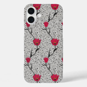 Art Nouveau Tulip Damask, Grey and Red iPhone 16 Plus Case