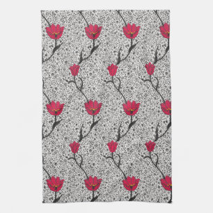 Art Nouveau Tulip Damask, Grey and Red Tea Towel