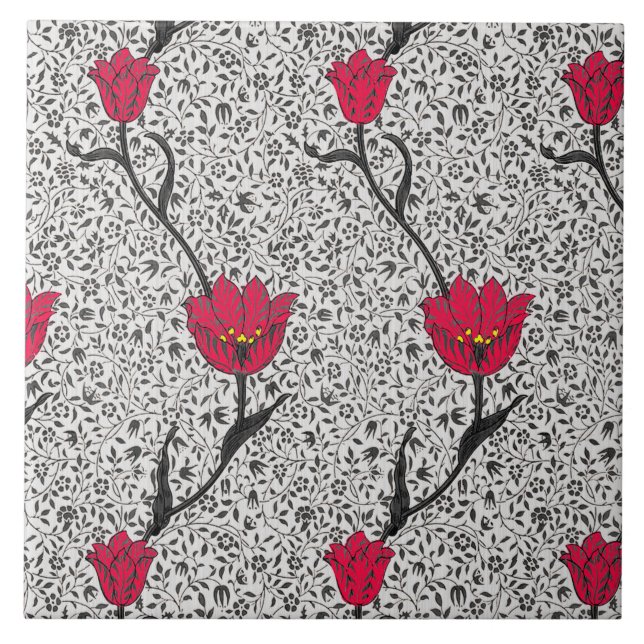 Art Nouveau Tulip Damask, Grey and Red Tile (Front)