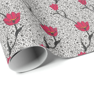 Art Nouveau Tulip Damask, Grey and Red Wrapping Paper