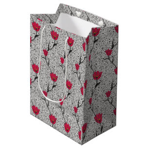 Art Nouveau Tulip Damask, Grey / Grey and Red Medium Gift Bag