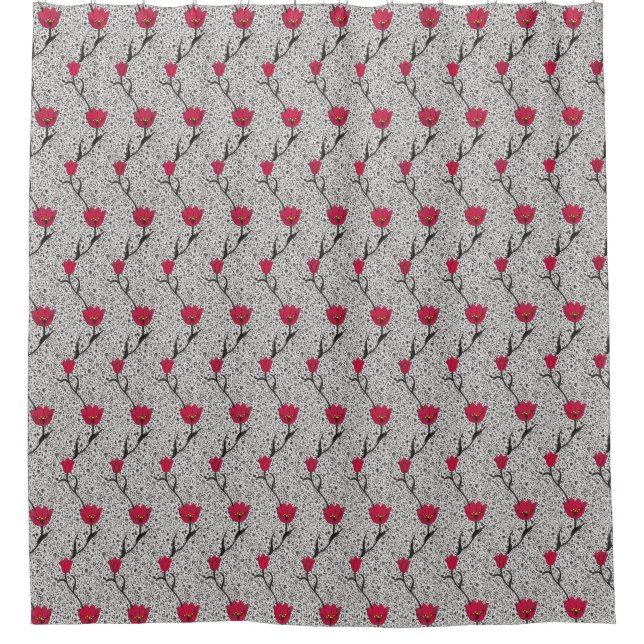 Art Nouveau Tulip Damask, Grey / Grey and Red Shower Curtain (Front)