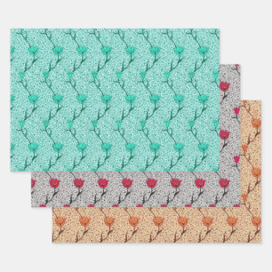 Art Nouveau Tulip Damask, Turquoise, Grey, Coral Wrapping Paper Sheet
