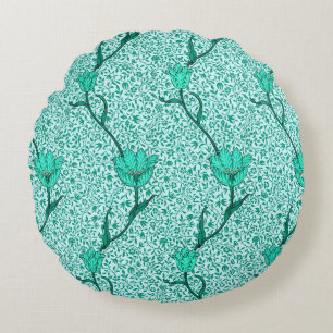 Art Nouveau Tulip Damask, Turquoise Round Cushion