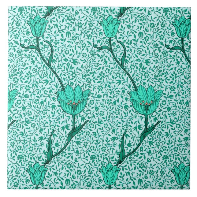 Art Nouveau Tulip Damask, Turquoise Tile (Front)