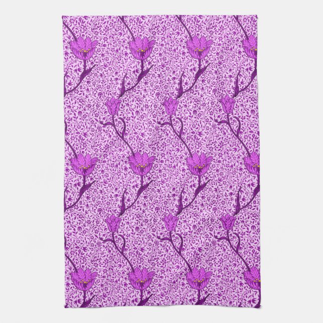 Art Nouveau Tulip Damask, Violet and Orchid Tea Towel (Vertical)