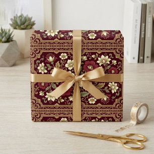 Art Nouveau Vintage Burgundy Ivory Floral Scroll Wrapping Paper