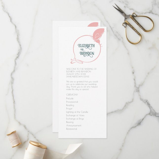 Art Nouveau Vintage Butterfly Dusty Pink Wedding Programme (Front/Back In Situ)