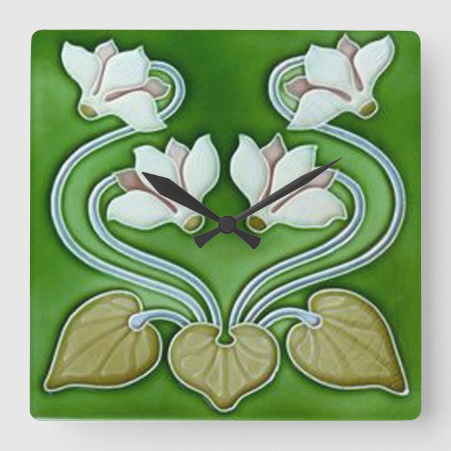Art Nouveau Vintage Flowers Ceramic Tile  Square Wall Clock (Front)
