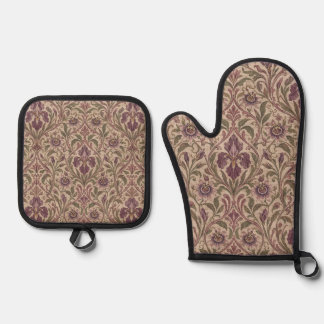Art Nouveau vintage Iris & Passionflower Damask Oven Mitt & Pot Holder Set