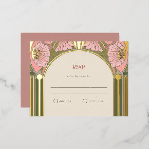 Art Nouveau Vintage Pink Green Gold Wedding RSVP Foil Holiday Postcard