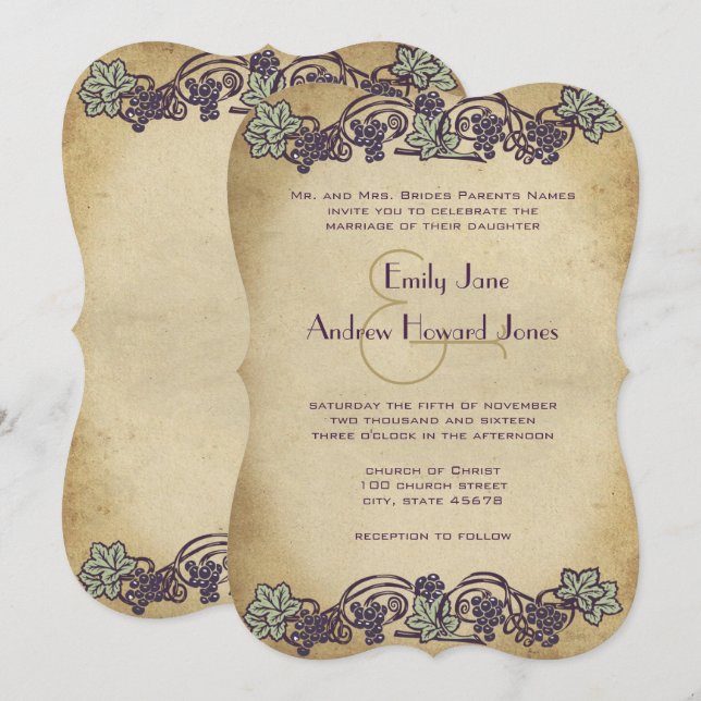 Art Nouveau Vintage Purple Vineyard Wedding Invite (Front/Back)
