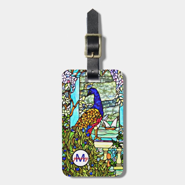 Art Nouveau VintageTiffany Stained Glass Peacock Luggage Tag (Front Vertical)