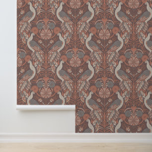 Art Nouveau Warm Tone Peacock Wallpaper