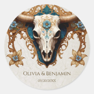 Art Nouveau Watercolor Floral Cow Skull Wedding Classic Round Sticker