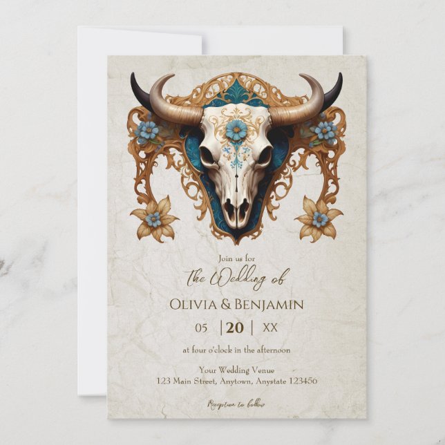 Art Nouveau Watercolor Floral Cow Skull Wedding Invitation (Front)