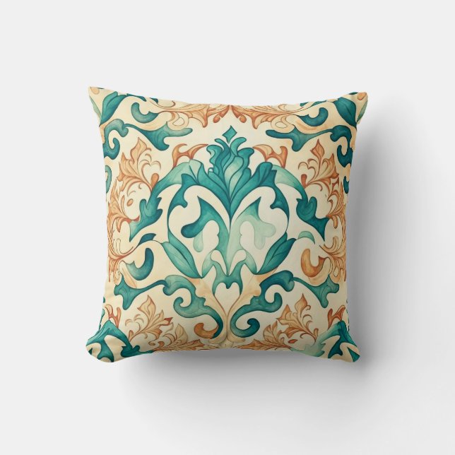Art Nouveau Watercolor Green and Orange Cushion (Front)