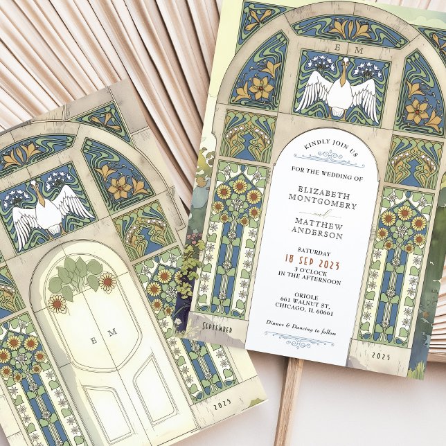 Art Nouveau Wedding Blue, Gold, Green Arch Invitation (Creator Uploaded)