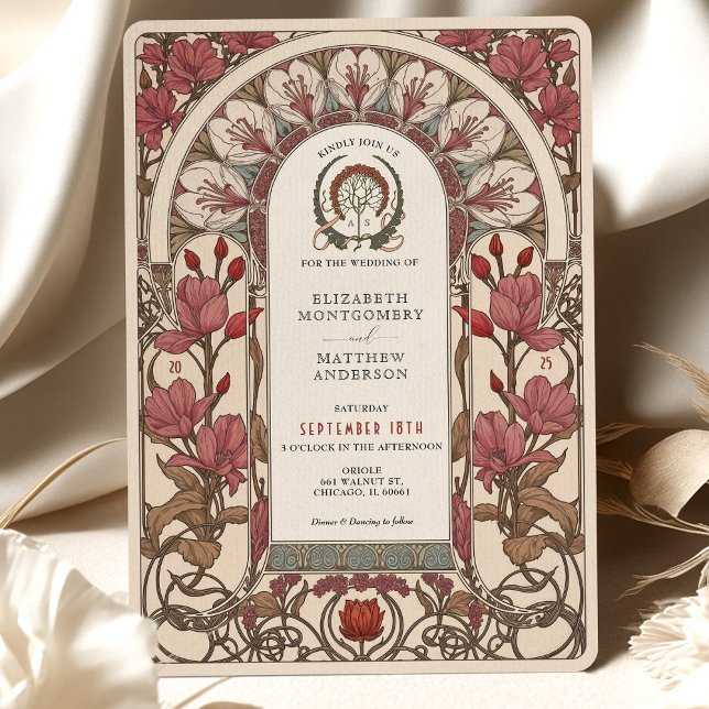 Art Nouveau Wedding Burgundy and Ivory Florals Invitation (Creator Uploaded)