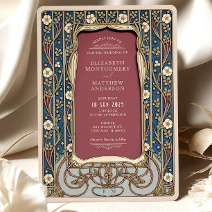 Art Nouveau Wedding Burgundy & Navy Floral Invitation