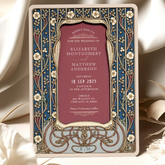 Art Nouveau Wedding Burgundy & Navy Floral Invitation (Creator Uploaded)