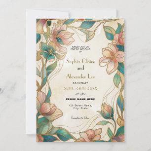 Art Nouveau Wedding Invitation with Pink Turquoise