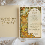 Art Nouveau Wedding Menu Card Mucha Elegance<br><div class="desc">Elevate your special day with the timeless elegance of our Art Nouveau-Inspired Wedding Menu Card, exquisitely echoing the iconic style of Alphonse Mucha. This menu card is a masterpiece of harmonious colours and sinuous lines, capturing the essence of the turn-of-the-century art movement that celebrated beauty in every form. The card...</div>