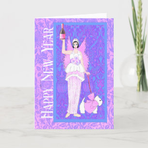 Art Nouveau Westie Dog Pink Purple New Year Card