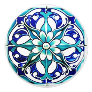 Art Nouveau White Aqua Blue Geometric Ceramic Knob