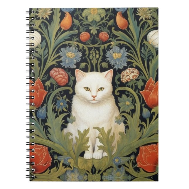 Art nouveau white cat in the garden notebook (Front)