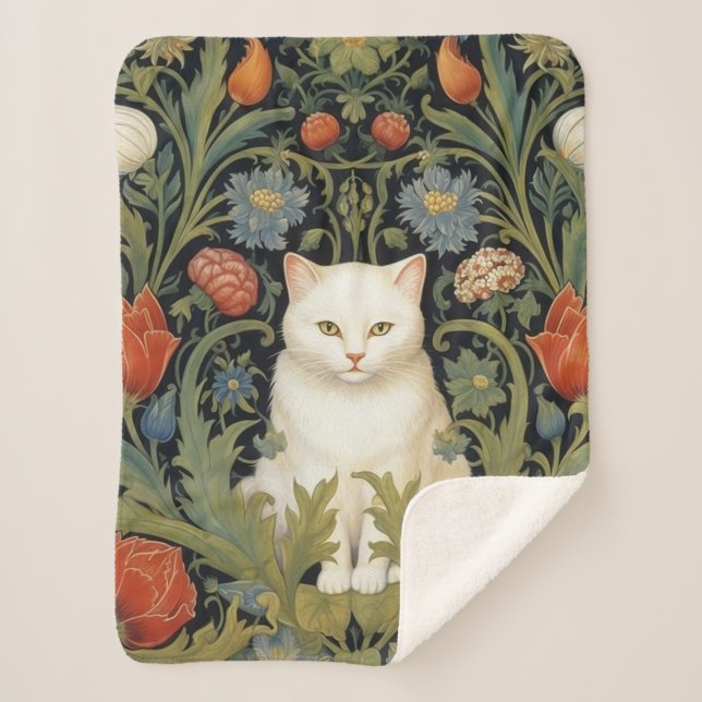 Art nouveau white cat in the garden sherpa blanket (Front)