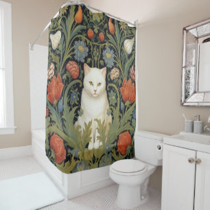 Art nouveau white cat in the garden shower curtain