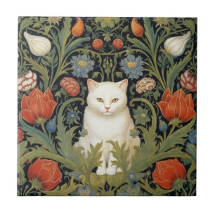 Art nouveau white cat in the garden tile